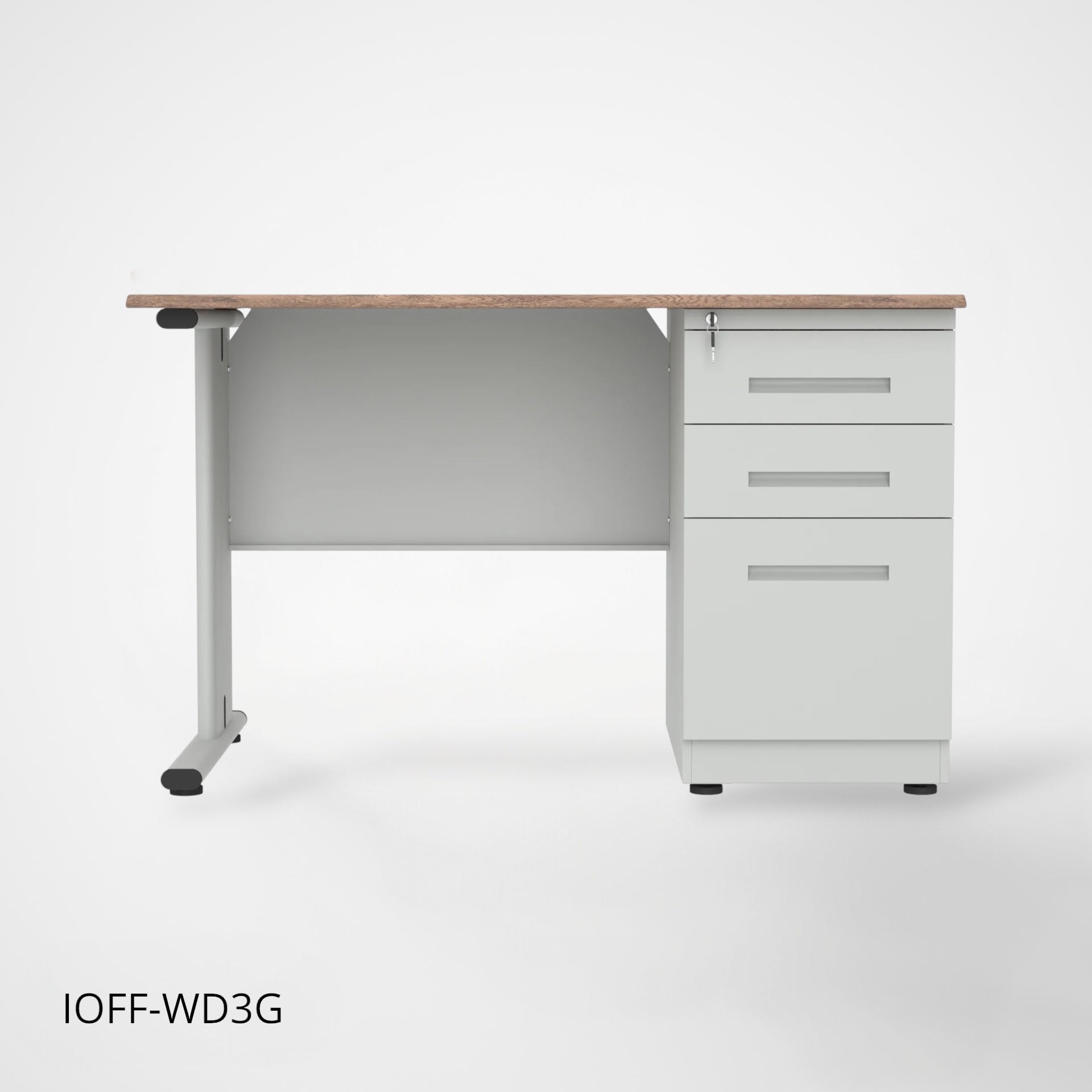 Escritorio de Oficina iOffice de Acero, Tablero MFC, Gris Claro+Top Cafe, 3 Gavetas. IOFF-WD3G