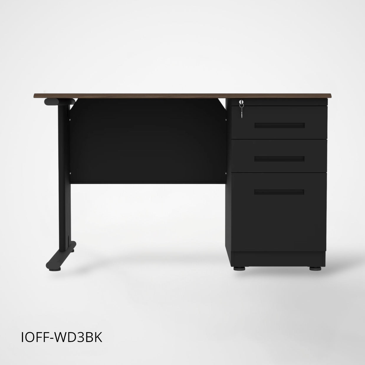 Escritorio de Oficina iOffice de Acero, Tablero MFC, Color Negro+Top Cafe, 3 Gavetas. IOFF-WD3BK