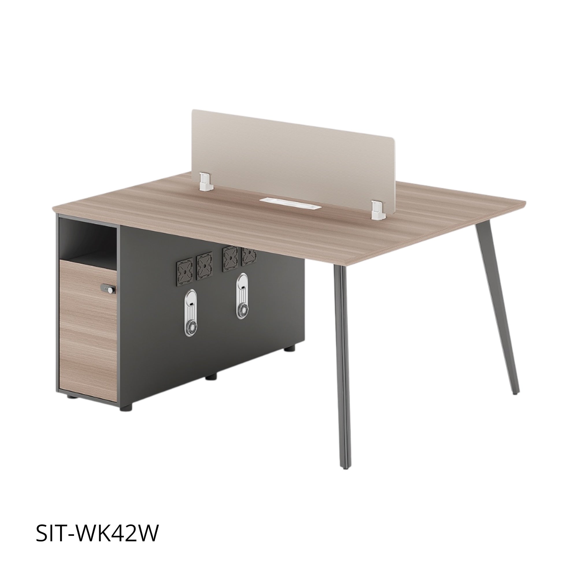 Estación de Trabajo SIT (Workstation) 2 Módulos, 2 Gavetas, Almacenamiento, Panel Privado, Pasacables, Base Metálica. Color Café + Gris. SIT-WK42W.
