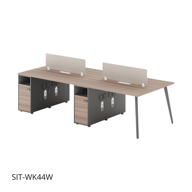 Estación de Trabajo SIT (Workstation) 4 Módulos, 2 Gavetas, Almacenamiento, Panel Privado, Pasacables, Base Metálica. Color Café + Gris. SIT-WK44W.