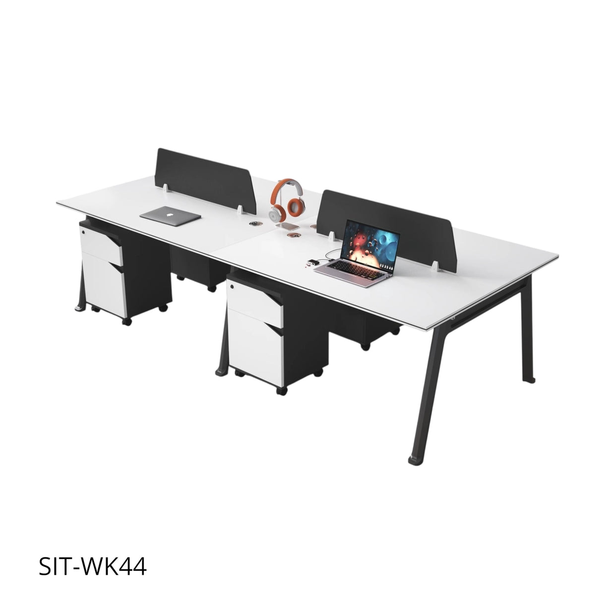 Estación de Trabajo (Workstation) SIT, 4 Módulos, 1 Gaveta+1 Almacenamiento, Panel Privado, Pasacable, Color Blanco+Gris Oscuro. SIT-WK44 / SIT-WK44G