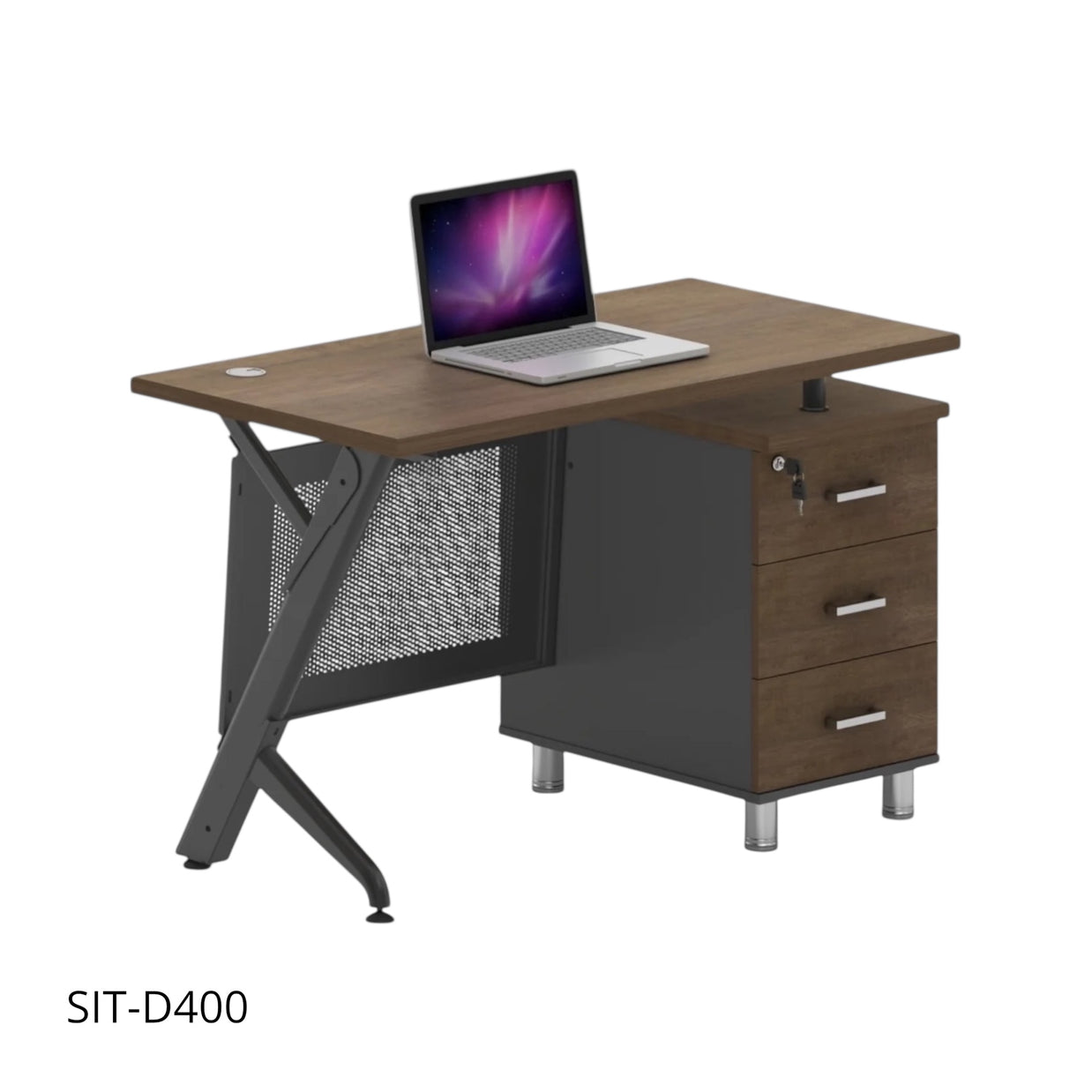 Escritorio de Oficina SIT con base Metálica de 3 cajones, tapa de Madera y base Metálica. SIT-D400