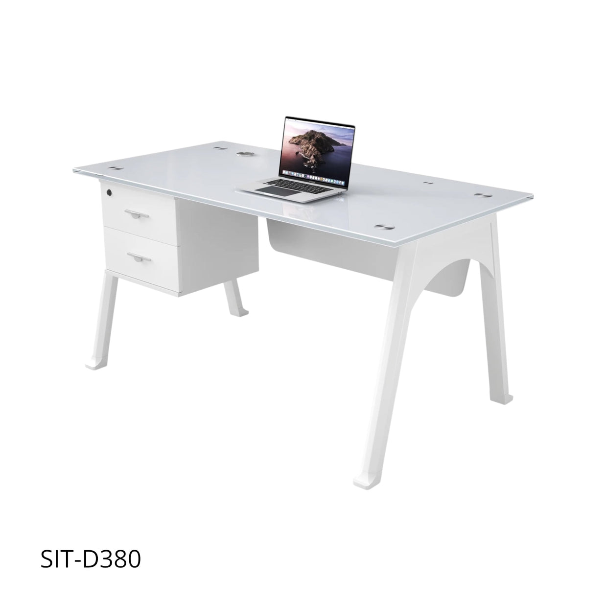 Escritorio de Oficina SIT, base cuadrada, vidrio templado, base metálica, 2 cajones, Color Blanco. SIT-D380