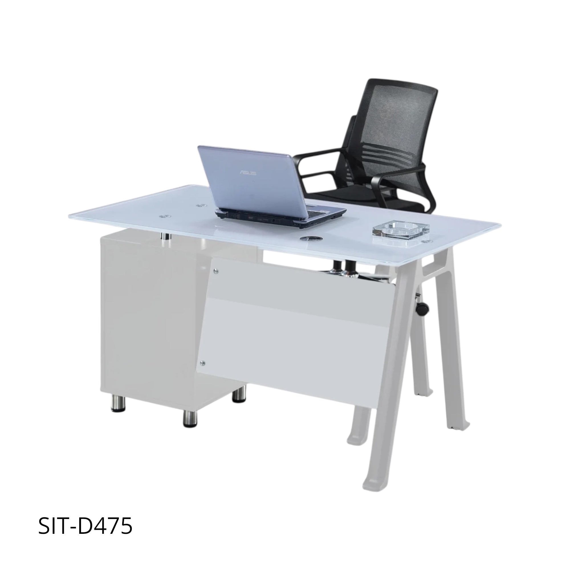 Escritorio de Oficina SIT con 3 Cajones con Cerradura, Panel de Vidrio Color Blanco y Metálico. SIT-D475