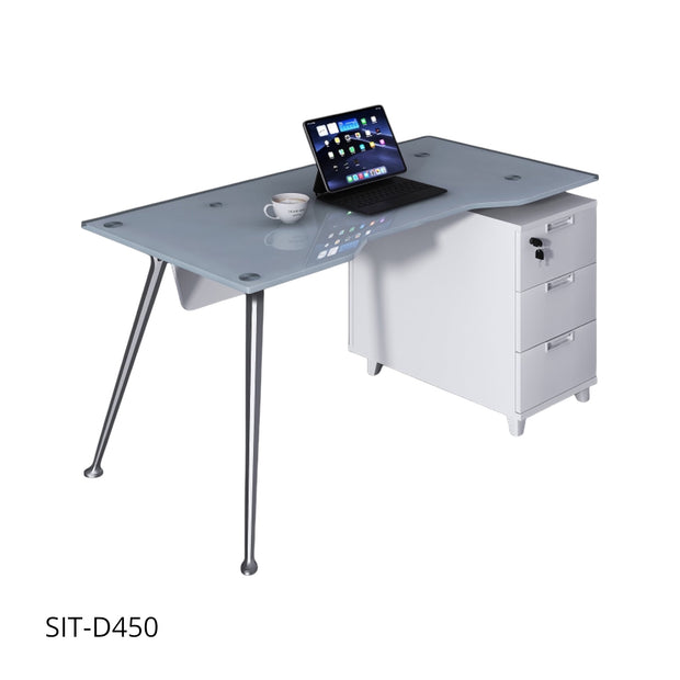 Escritorio de Oficina SIT, base cuadrada, vidrio templado, 3 cajones, base metálica. Color Blanco+Gris. SIT-D450