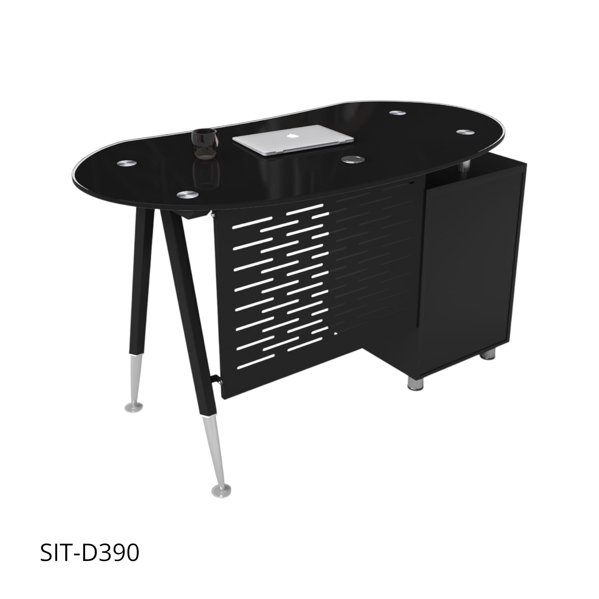 Escritorio de Oficina SIT, Base Ovalada, Vidrio Templado, 3 cajones, Color Blanco y Color Negro. SIT-D390