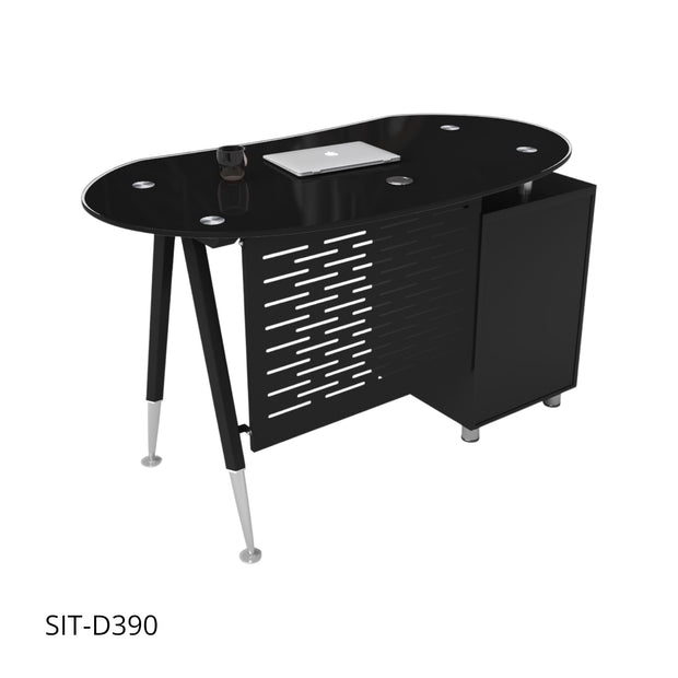 Escritorio de Oficina SIT, Base Ovalada, Vidrio Templado, 3 cajones, Color Blanco y Color Negro. SIT-D390
