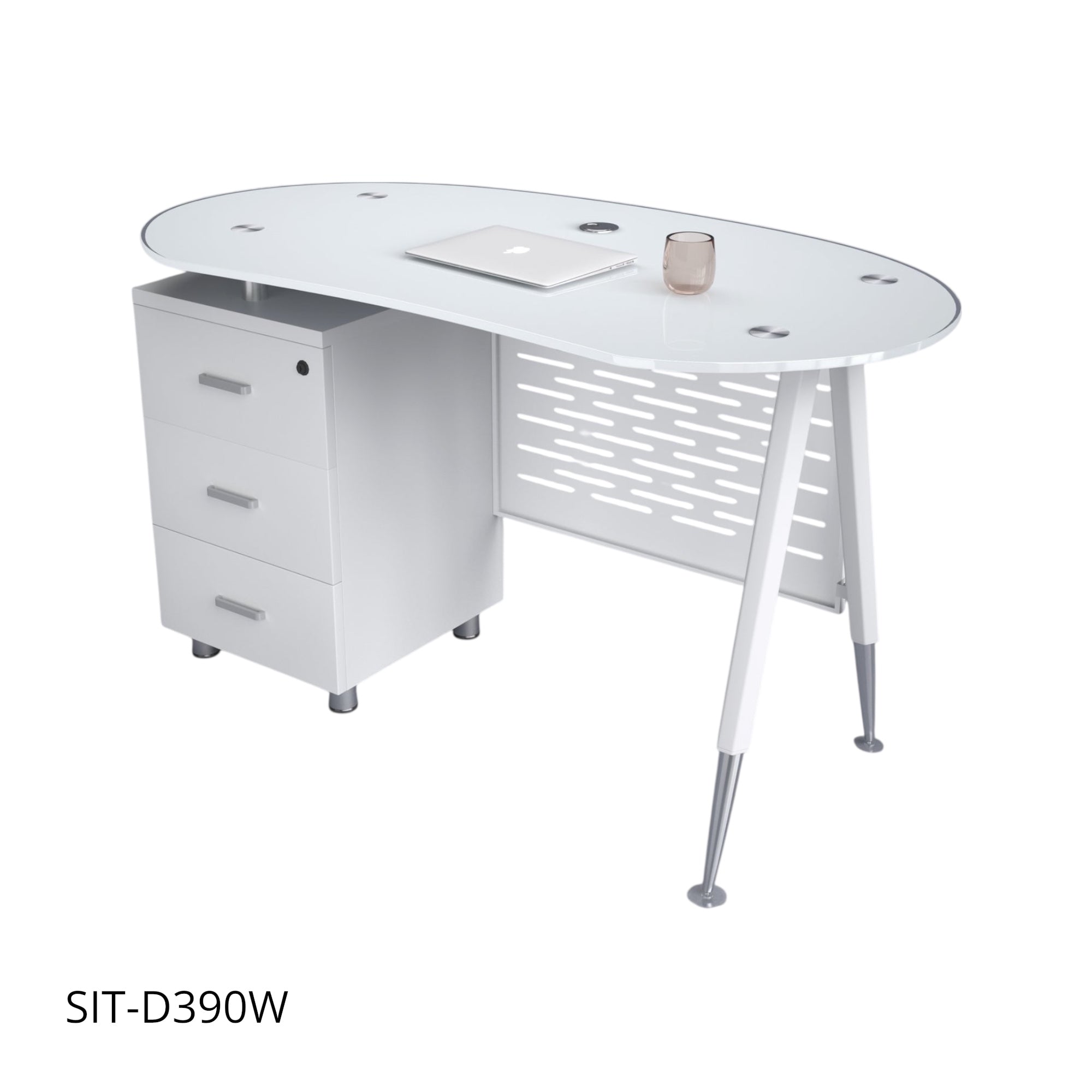 Escritorio de Oficina SIT, Base Ovalada, Vidrio Templado, 3 cajones, Color Blanco y Color Negro. SIT-D390