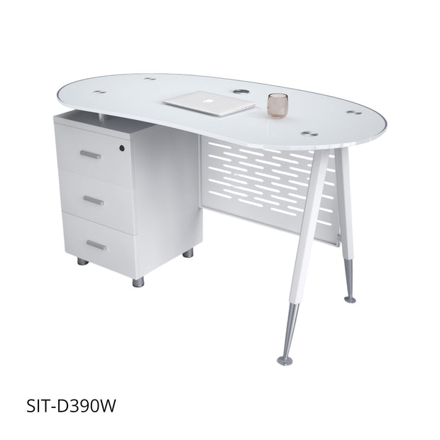 Escritorio de Oficina SIT, Base Ovalada, Vidrio Templado, 3 cajones, Color Blanco y Color Negro. SIT-D390