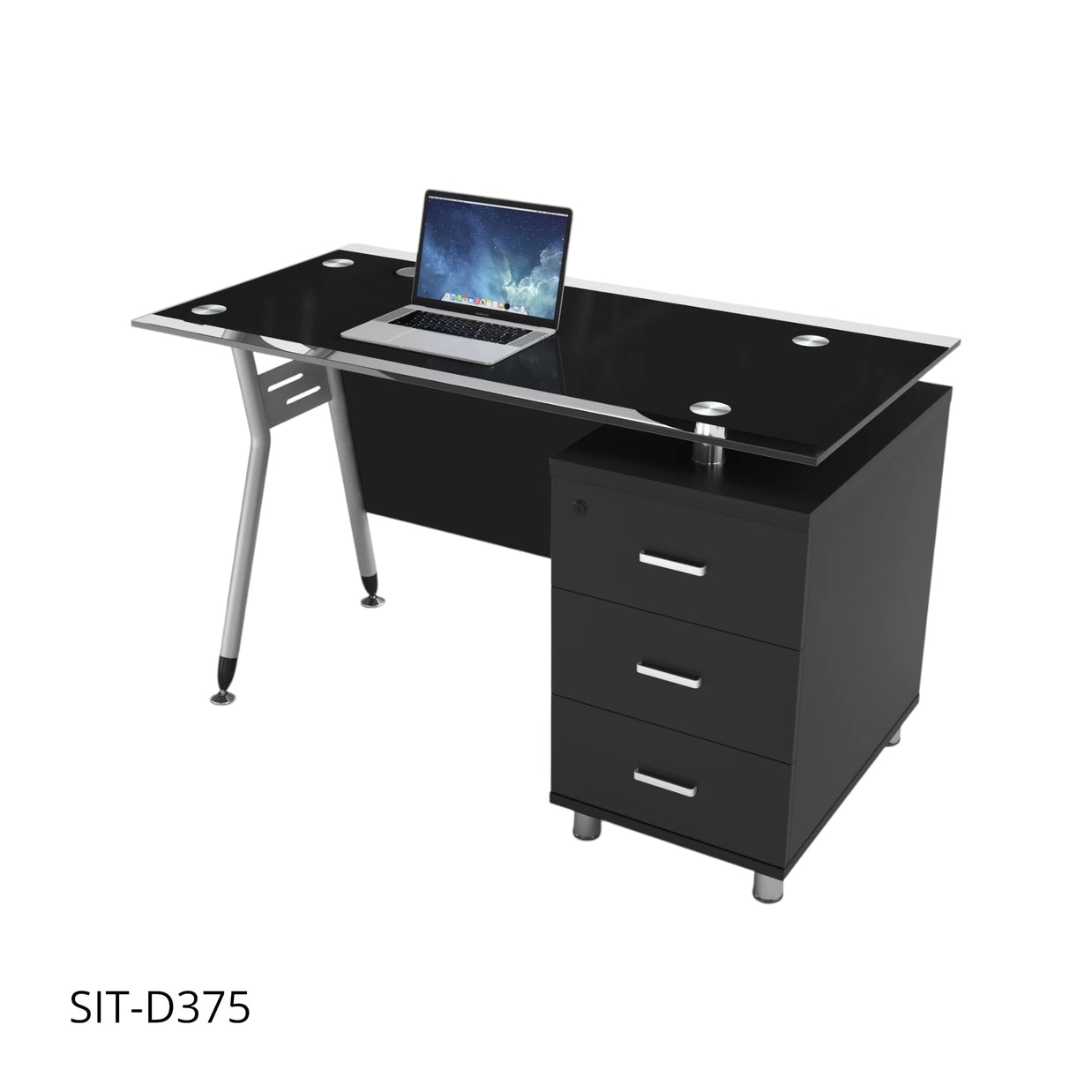 Escritorio de Oficina SIT con 3 Cajones con Cerradura. Panel de Vidrio Color Negro y Base Metálico. SIT-D375