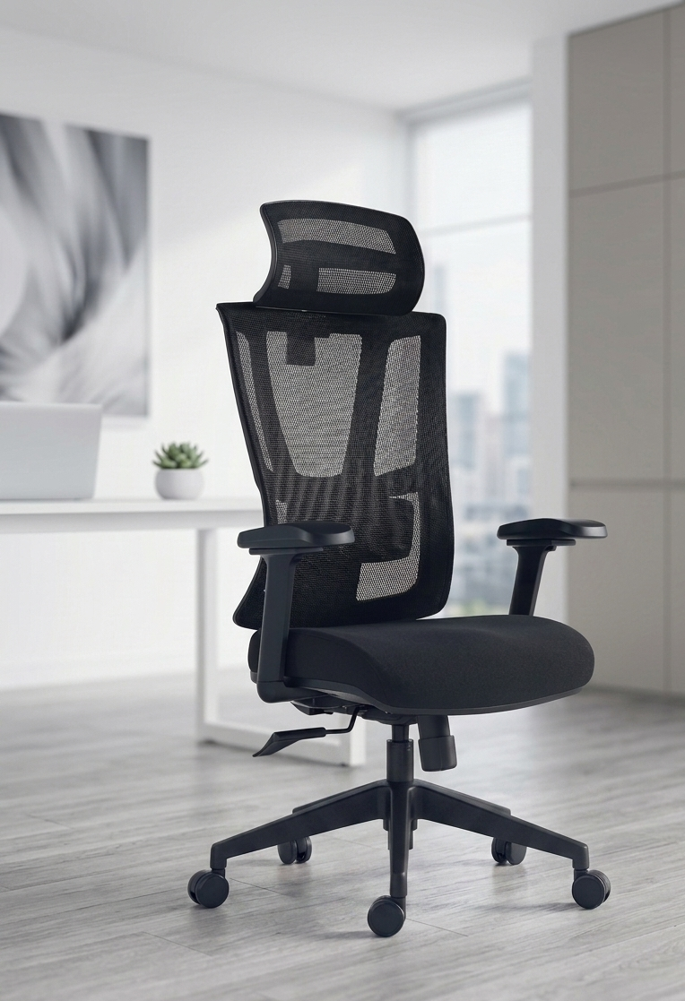 Silla ejecutiva respaldo alto, acabado en tela y malla negra, reposacabezas 2D, apoyabrazos | IOFF-M710