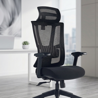 Silla ejecutiva respaldo alto, acabado en tela y malla negra, reposacabezas 2D, apoyabrazos | IOFF-M710