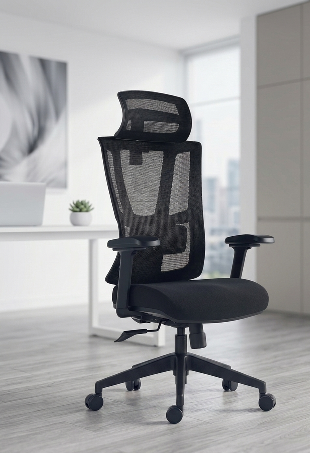 Silla ejecutiva respaldo alto, acabado en tela y malla negra, reposacabezas 2D, apoyabrazos | IOFF-M710