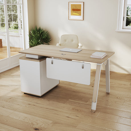 Escritorio de Oficina SIT, base cuadrada, 1 cajón + 1 Almacenamiento. Color Blanco+Beige. SIT-D310