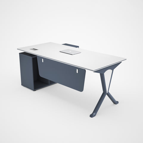 Escritorio de Oficina SIT Tipo "L", base cuadrada, 3 cajones+3 almacenamientos. Color Blanco + Azul Navy. SIT-D358