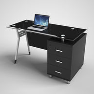 Escritorio de Oficina SIT con 3 Cajones con Cerradura. Panel de Vidrio Color Negro y Base Metálico