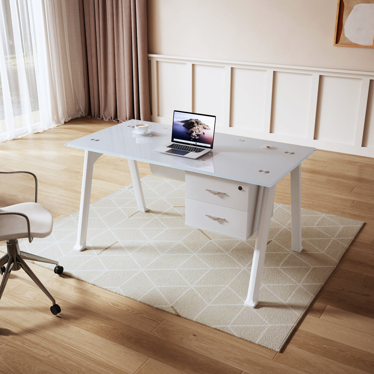 Escritorio de Oficina SIT, base cuadrada, vidrio templado, base metálica, 2 cajones, Color Blanco. SIT-D380