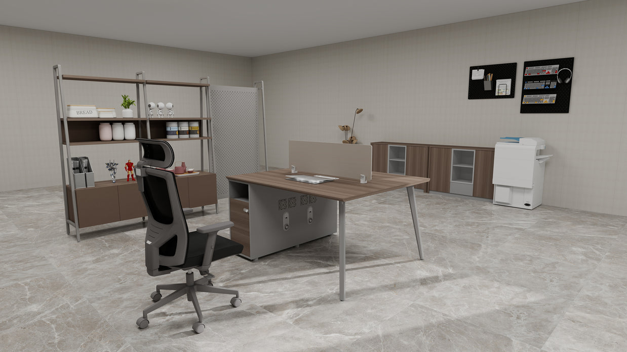 Estación de Trabajo SIT (Workstation) 2 Módulos, 2 Gavetas, Almacenamiento, Panel Privado, Pasacables, Base Metálica. Color Café + Gris. SIT-WK42W.