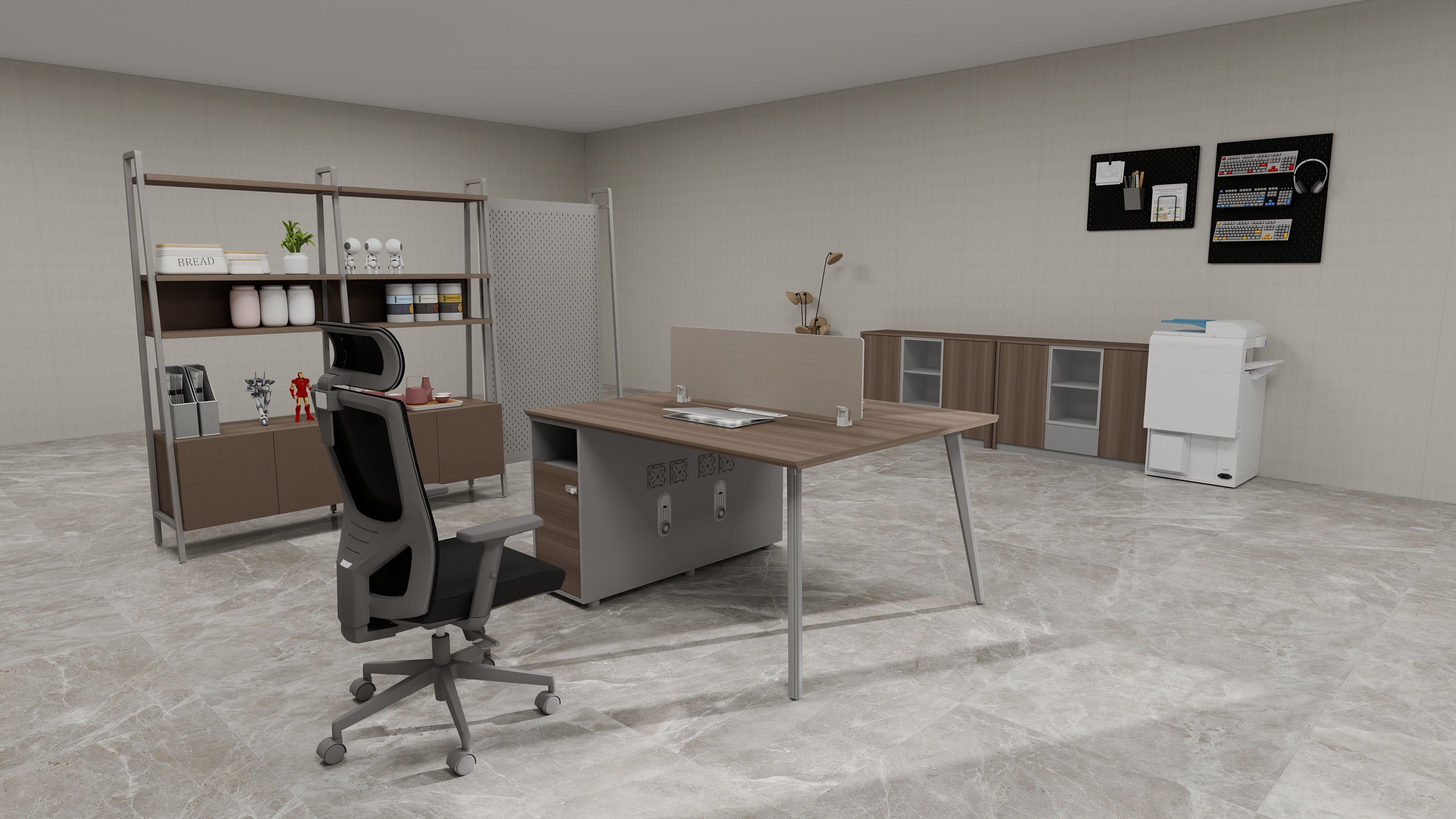 Estación de Trabajo SIT (Workstation) 2 Módulos, 2 Gavetas, Almacenamiento, Panel Privado, Pasacables, Base Metálica. Color Café + Gris. SIT-WK42W.