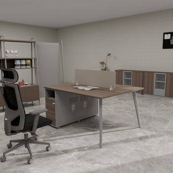 Estación de Trabajo SIT (Workstation) 2 Módulos, 2 Gavetas, Almacenamiento, Panel Privado, Pasacables, Base Metálica. Color Café + Gris. SIT-WK42W.