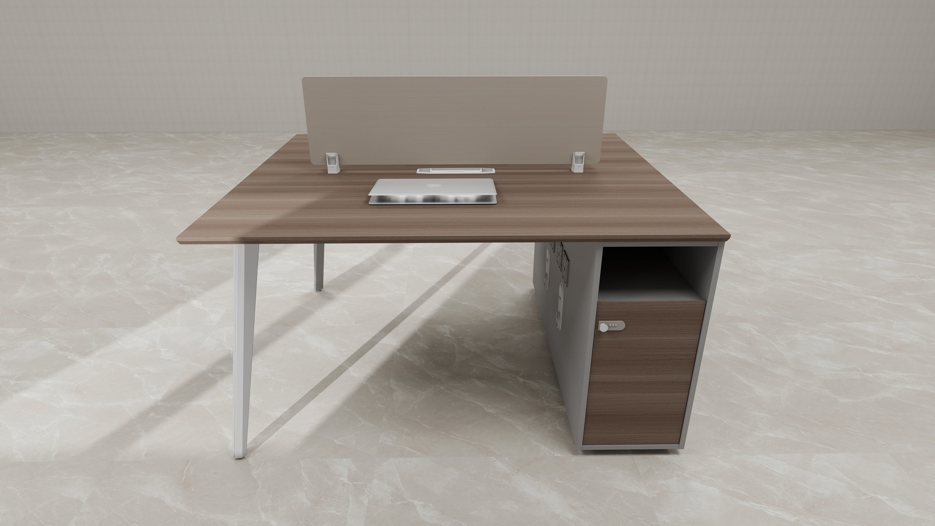 Estación de Trabajo SIT (Workstation) 2 Módulos, 2 Gavetas, Almacenamiento, Panel Privado, Pasacables, Base Metálica. Color Café + Gris. SIT-WK42W.