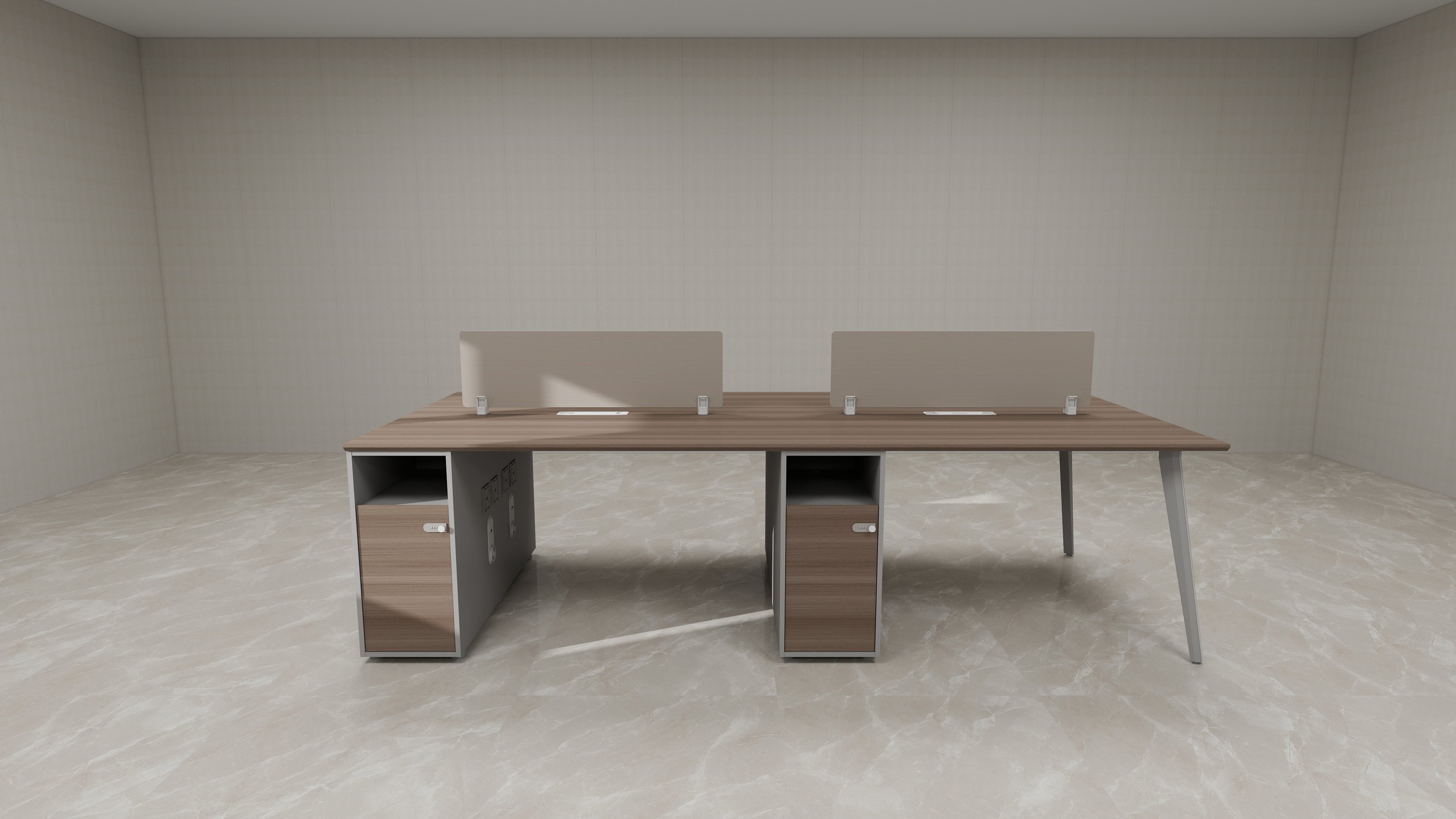 Estación de Trabajo SIT (Workstation) 4 Módulos, 2 Gavetas, Almacenamiento, Panel Privado, Pasacables, Base Metálica. Color Café + Gris. SIT-WK44W.