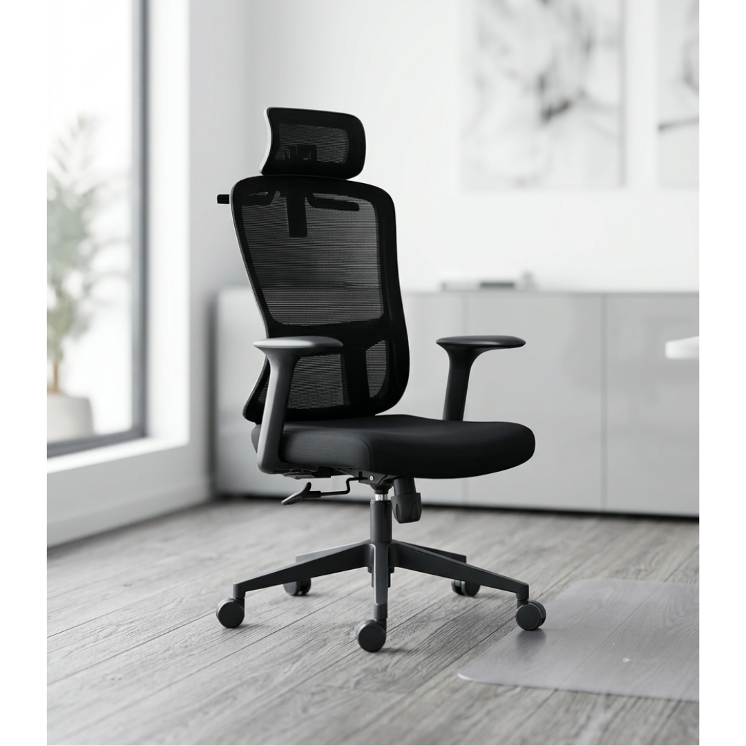 Silla ejecutiva respaldo alto, malla negra, reposacabezas ajustable, apoyabrazos fijos y base nylon | IOFF-M709