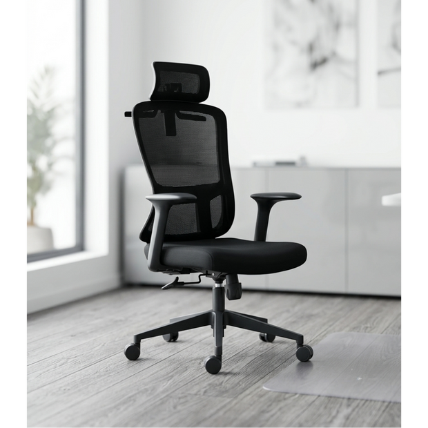 Silla ejecutiva respaldo alto, malla negra, reposacabezas ajustable, apoyabrazos fijos y base nylon | IOFF-M709