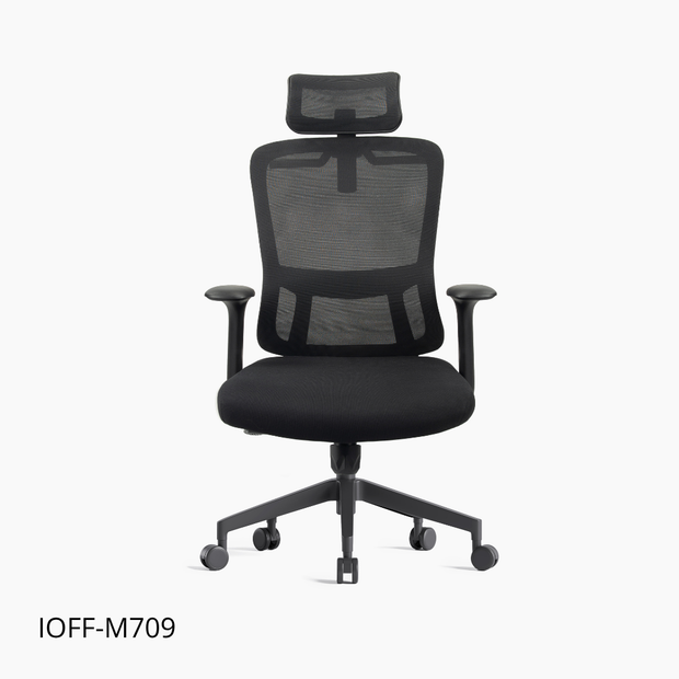 Silla ejecutiva respaldo alto, malla negra, reposacabezas ajustable, apoyabrazos fijos y base nylon | IOFF-M709