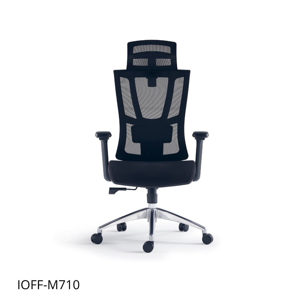 Silla ejecutiva respaldo alto, acabado en tela y malla negra, reposacabezas 2D, apoyabrazos | IOFF-M710