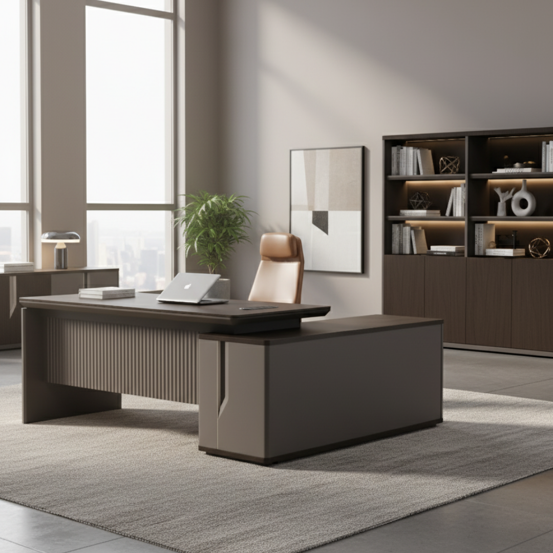 Escritorio de oficina con extensión, con 3 cajones y columpio c/madera oscuro y gris de 200 x 160 x 76 cm. SIT-D650