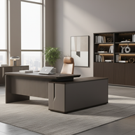 Escritorio de oficina con extensión, con 3 cajones y columpio c/madera oscuro y gris de 200 x 160 x 76 cm. SIT-D650