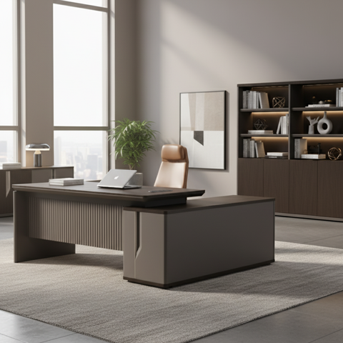 Escritorio de oficina con extensión, con 3 cajones y columpio c/madera oscuro y gris de 200 x 160 x 76 cm. SIT-D650