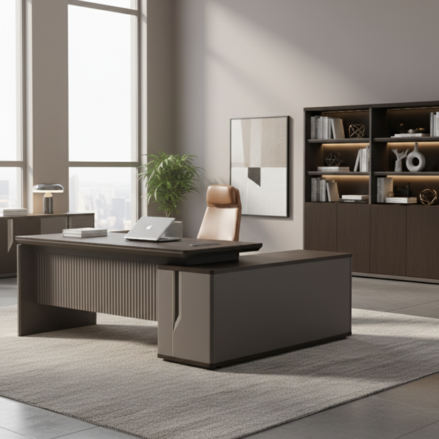 Escritorio de oficina con extensión, con 3 cajones y columpio c/madera oscuro y gris de 200 x 160 x 76 cm. SIT-D650