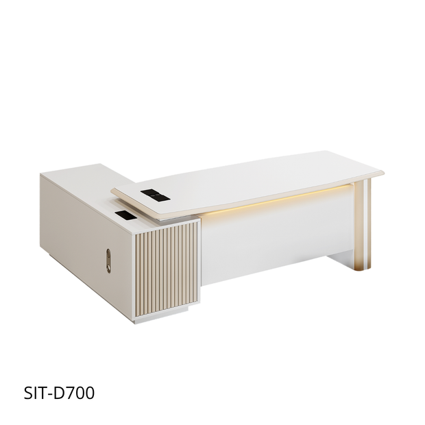Escritorio SIT tipo L, con luz led, área de almacenamiento con pasacable, color blanco y beige | SIT-D700