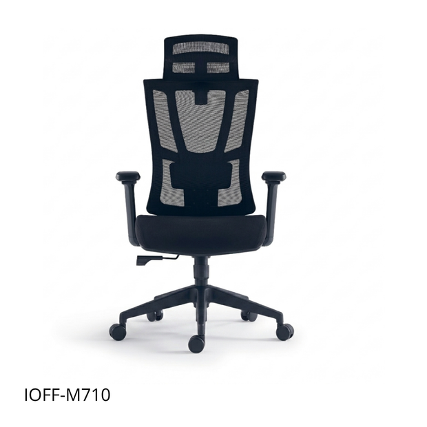 Silla ejecutiva respaldo alto, acabado en tela y malla negra, reposacabezas 2D, apoyabrazos | IOFF-M710