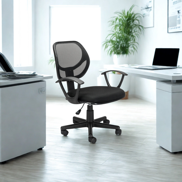 Silla SIT Secretarial, Tela de Malla, Reposa Brazos, Altura Media. Color Negro. Peso: 200Lbs. SIT-SEC30R
