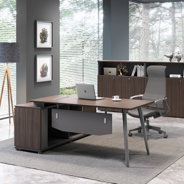 Escritorio de Oficina SIT, Tipo "L", Almacenamiento, 2 cajones, Color Nogal Oscuro + Gris. SIT-D550.
