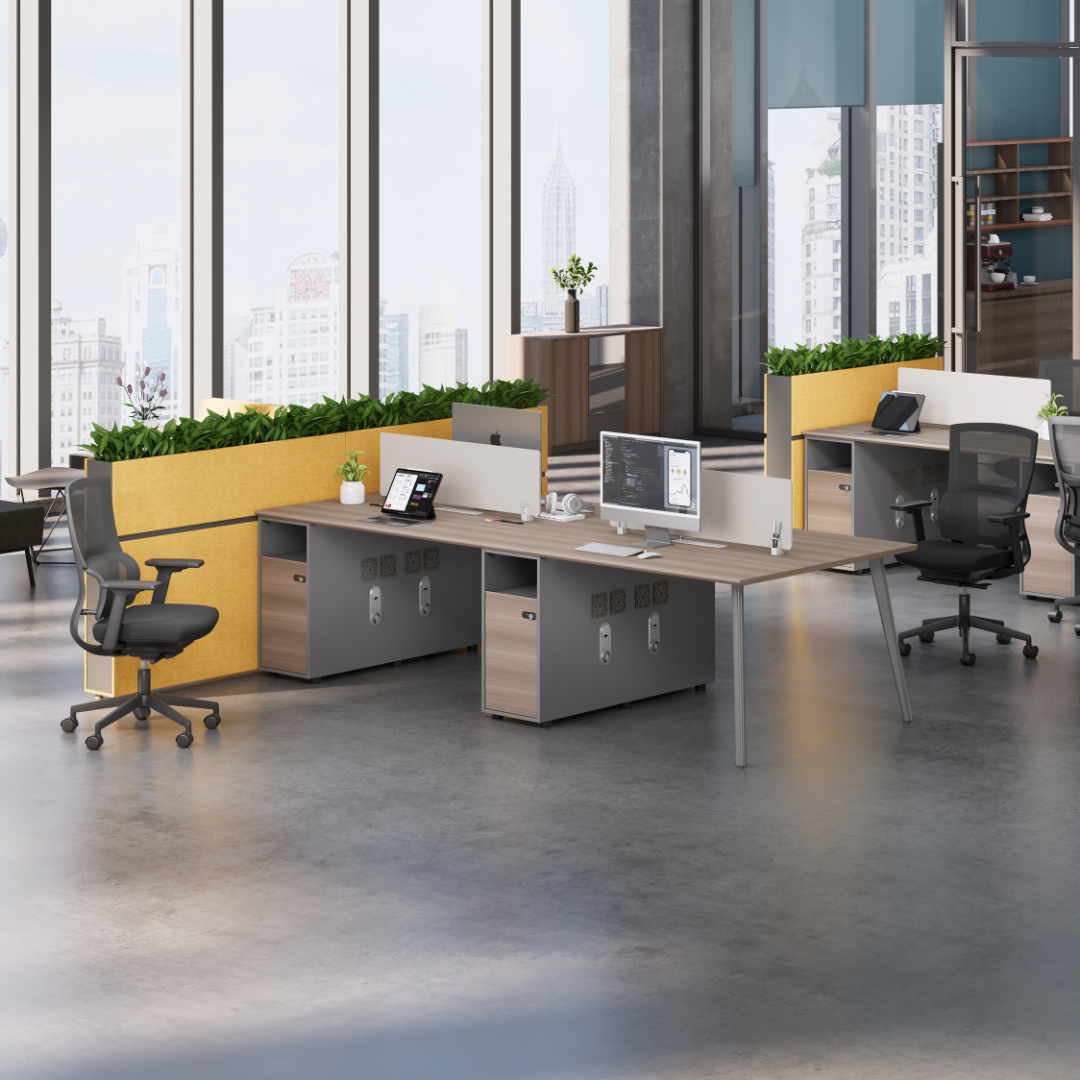 Estación de Trabajo SIT (Workstation) 4 Módulos, 2 Gavetas, Almacenamiento, Panel Privado, Pasacables, Base Metálica. Color Café + Gris. SIT-WK44W.