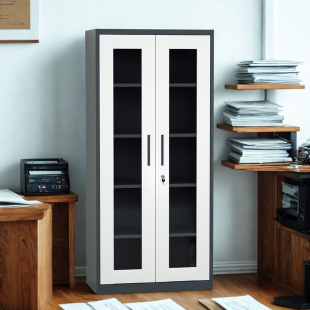 Armario Archivador iOffice, 2 Puertas de Vidrio, Acero, Color Gris y Negro, Ajustables, 185x90x40cm.