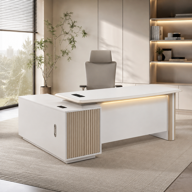 Escritorio SIT tipo L, con luz led, área de almacenamiento con pasacable, color blanco y beige | SIT-D700