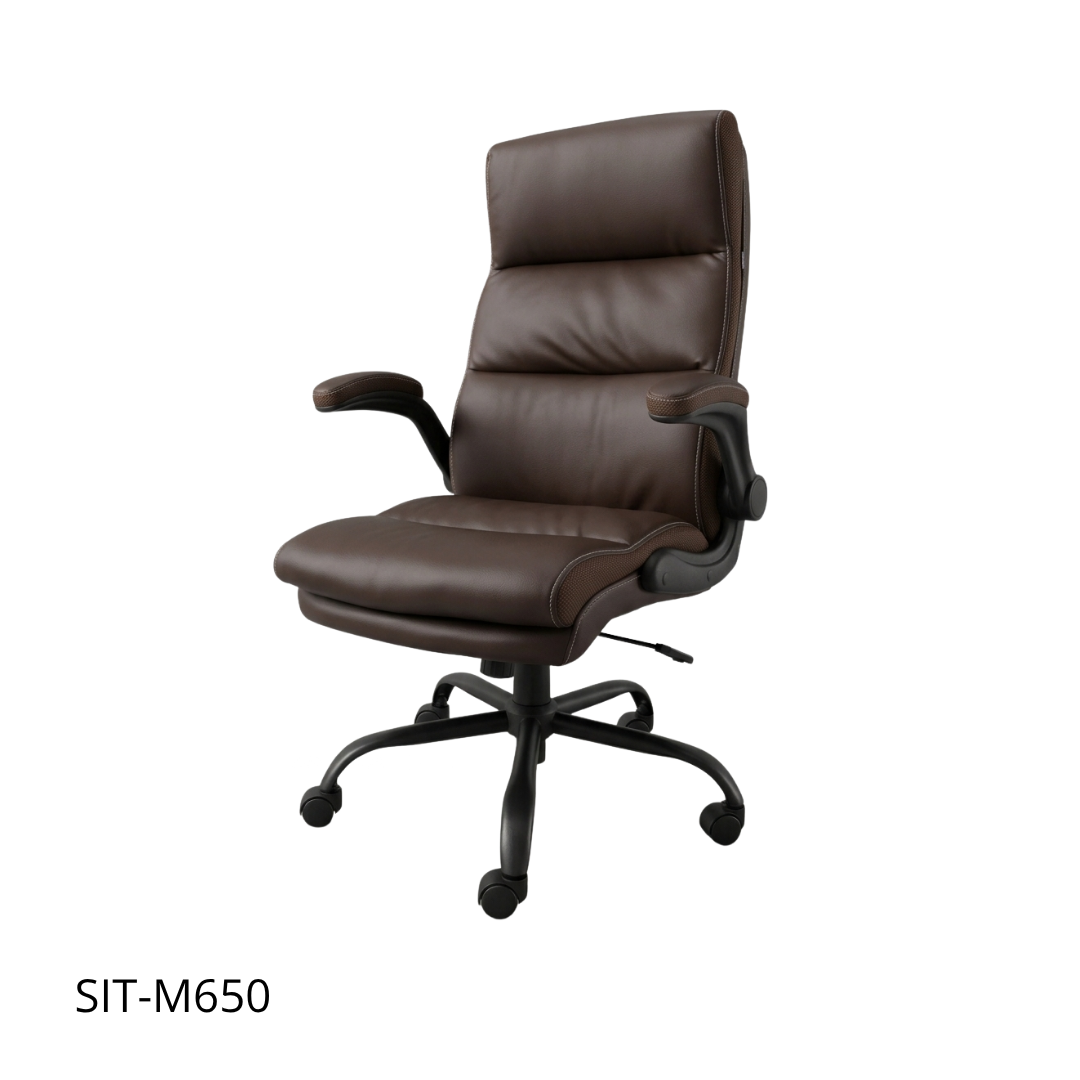 Silla SIT ejecutiva con respaldo alto, mecanismo, reposabrazos, marrón piel sintética. SIT-M650