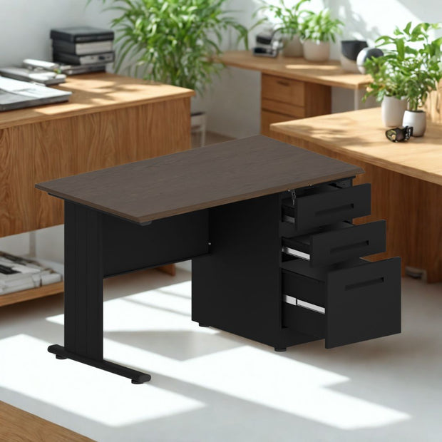 Escritorio de Oficina iOffice de Acero, Tablero MFC, Color Negro+Top Cafe, 3 Gavetas. IOFF-WD3BK